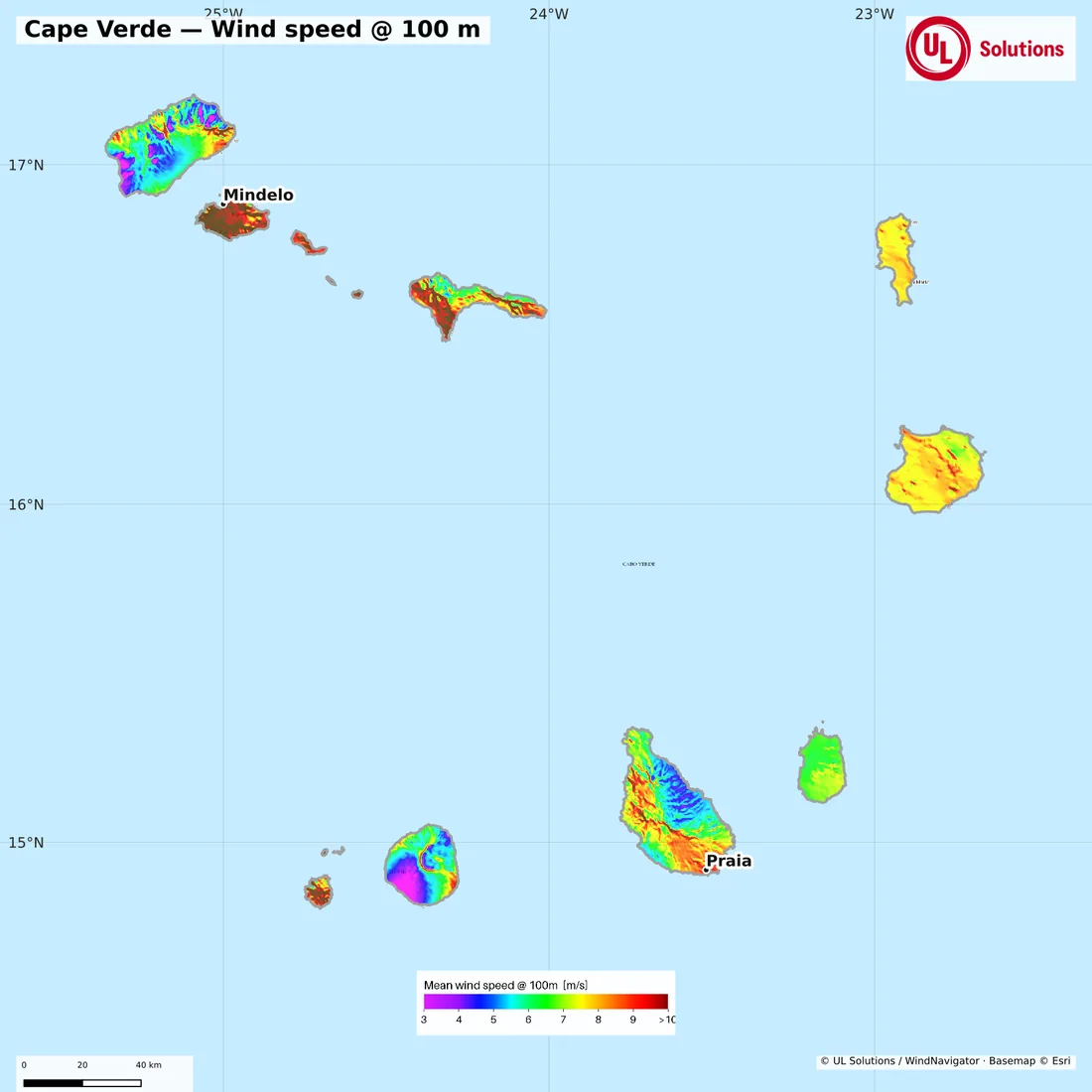 Wind speed map of Cape Verde at 100m hub height