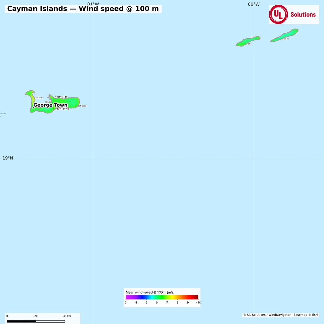 Wind speed map of Cayman Islands at 100m hub height
