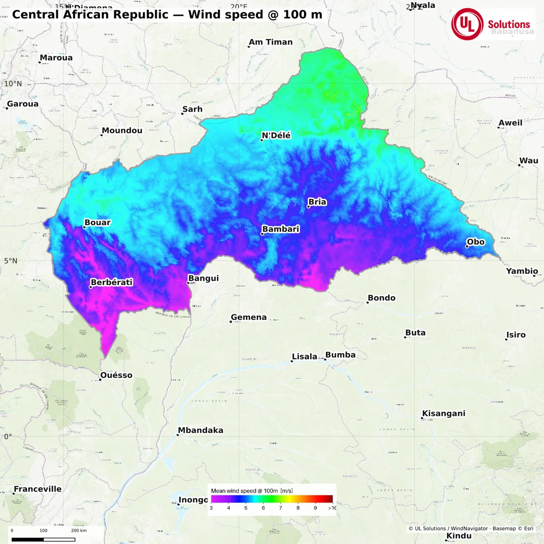 Wind speed map of Central African Republic at 100m hub height