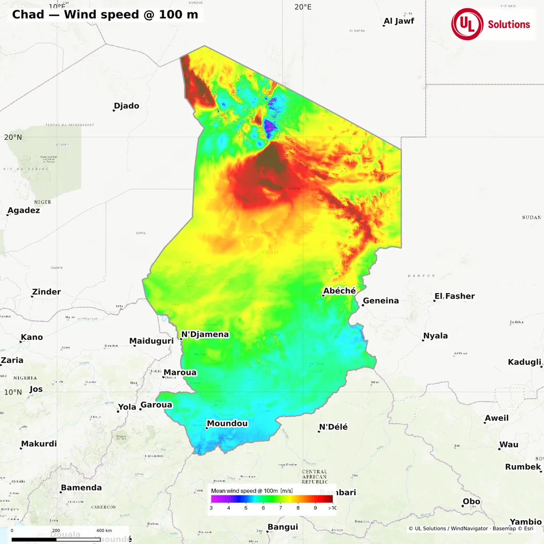 Wind speed map of Chad at 100m hub height
