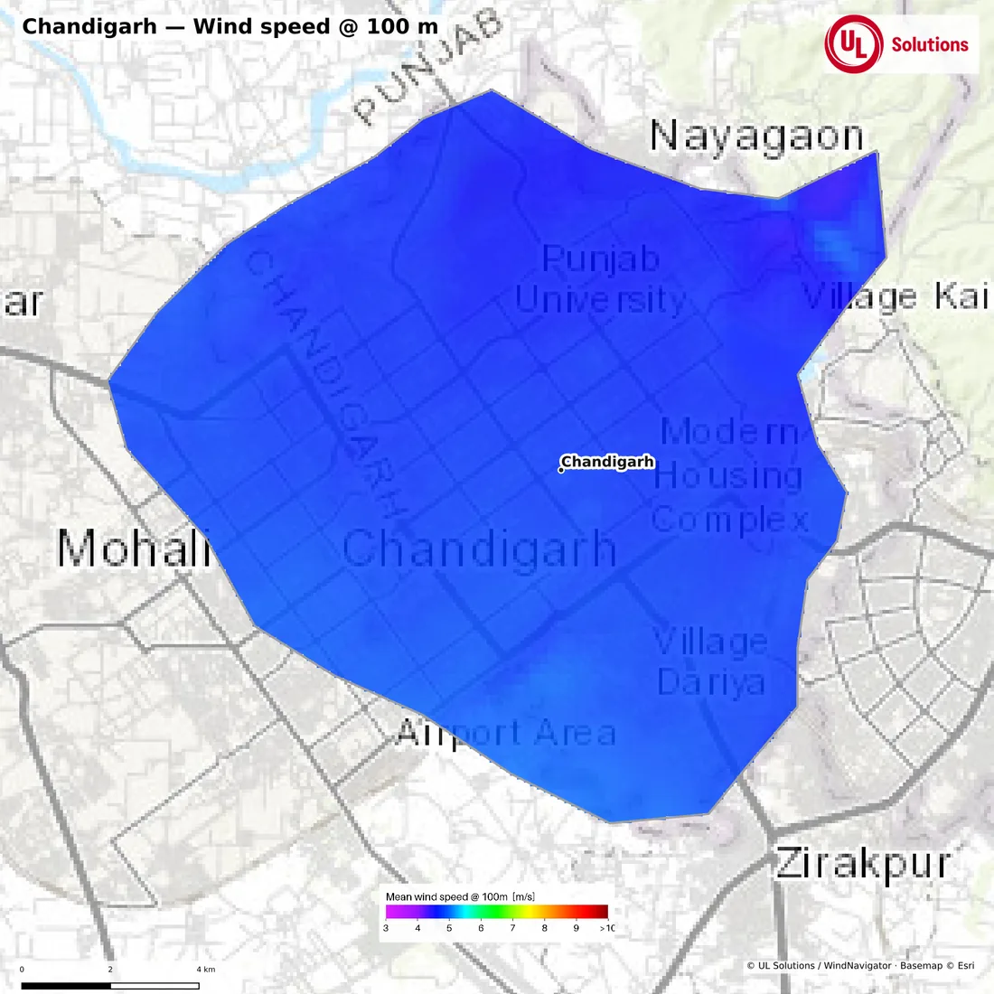 Wind speed map of Chandigarh at 100m hub height