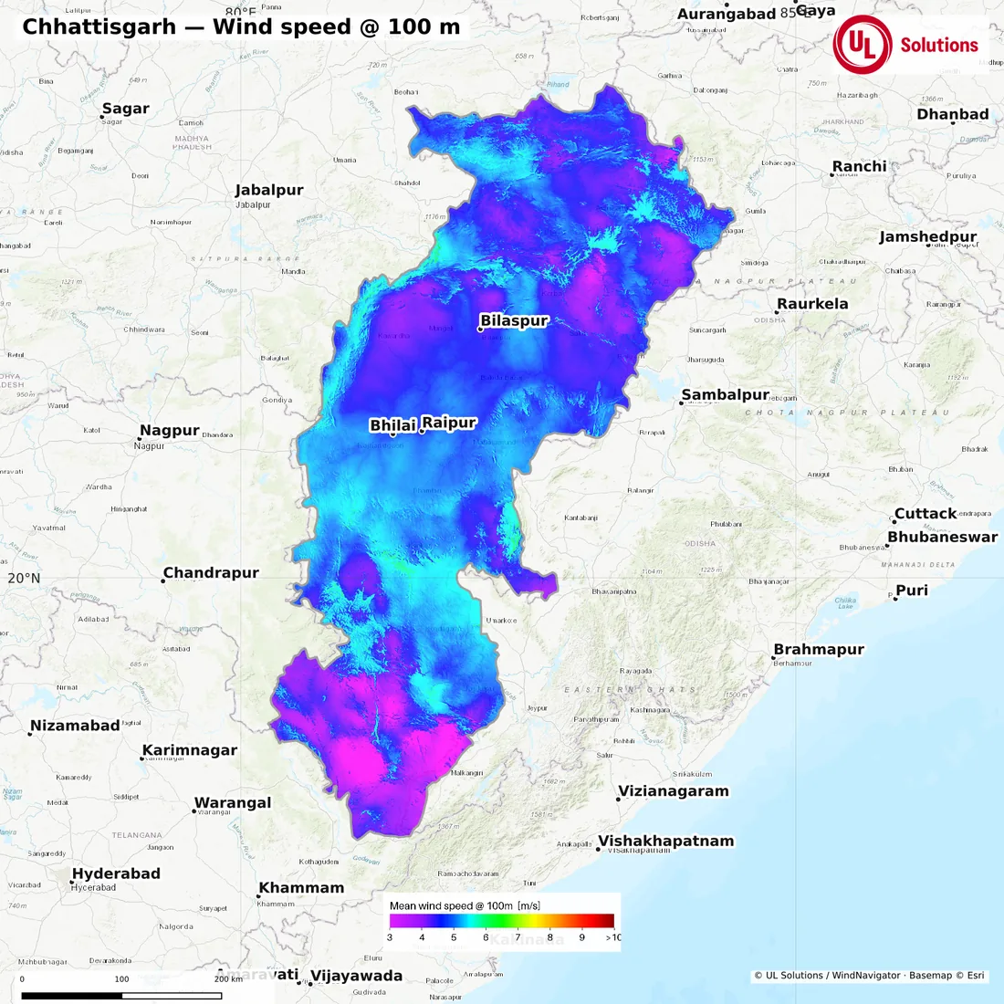 Wind speed map of Chhattisgarh at 100m hub height