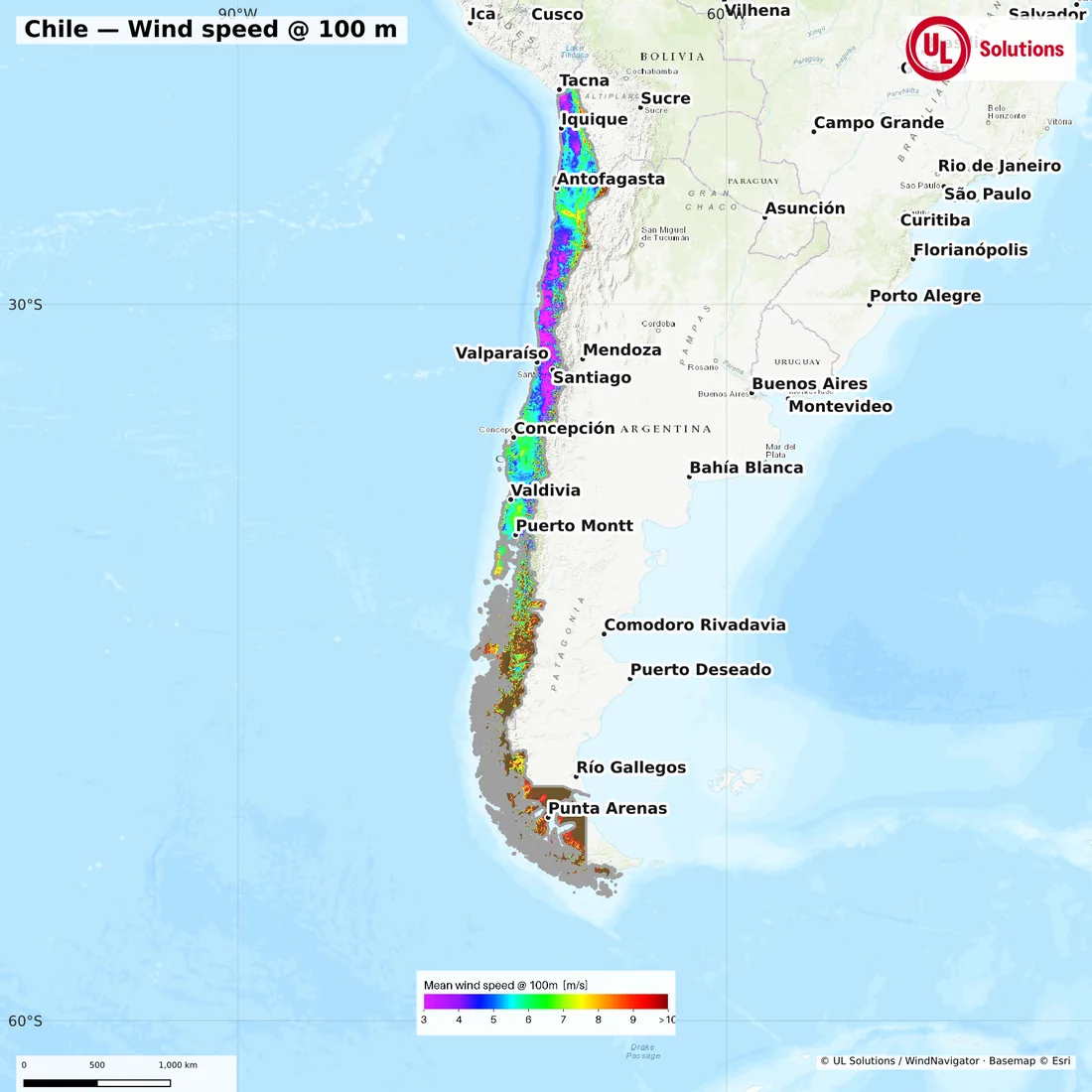 Wind speed map of Chile at 100m hub height