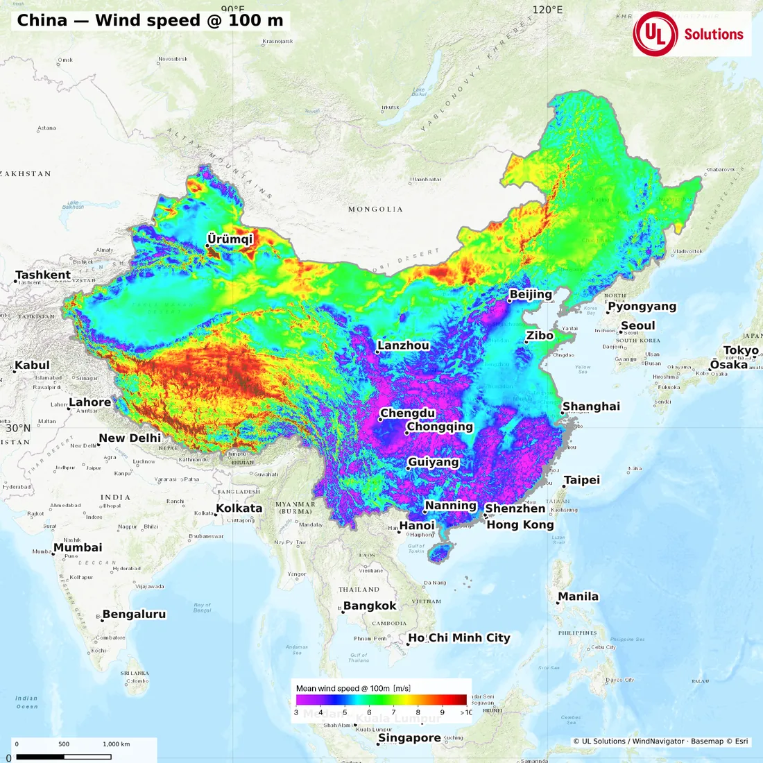 Wind speed map of China at 100m hub height