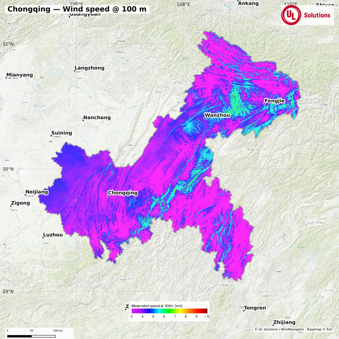 Wind speed map of Chongqing at 100m hub height
