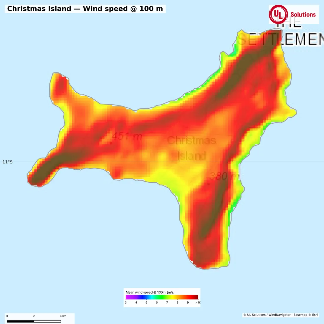 Wind speed map of Christmas Island at 100m hub height