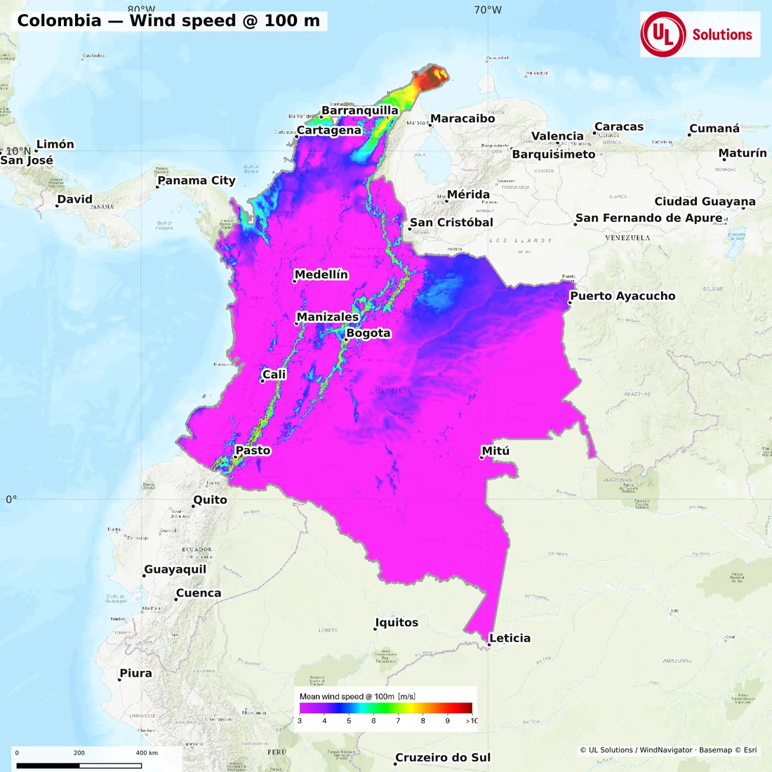Wind speed map of Colombia at 100m hub height