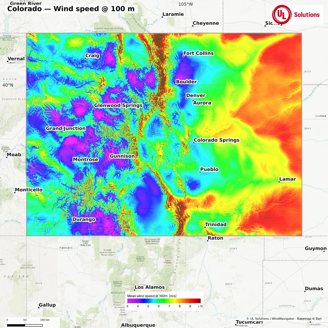 Wind speed map of Colorado at 100m hub height