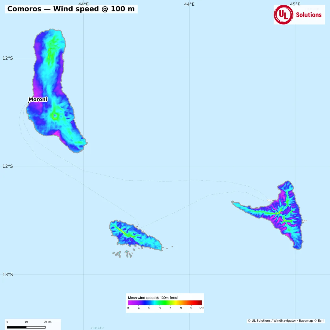 Wind speed map of Comoros at 100m hub height