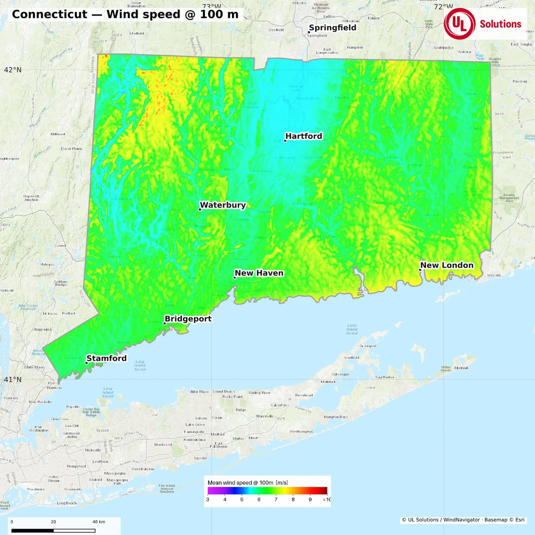 Wind speed map of Connecticut at 100m hub height