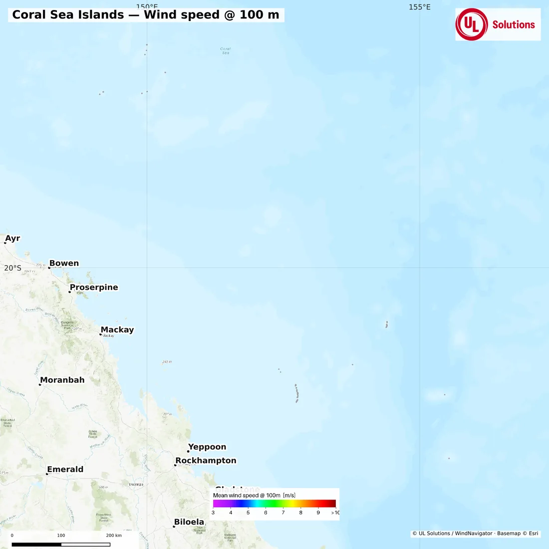 Wind speed map of Coral Sea Islands at 100m hub height