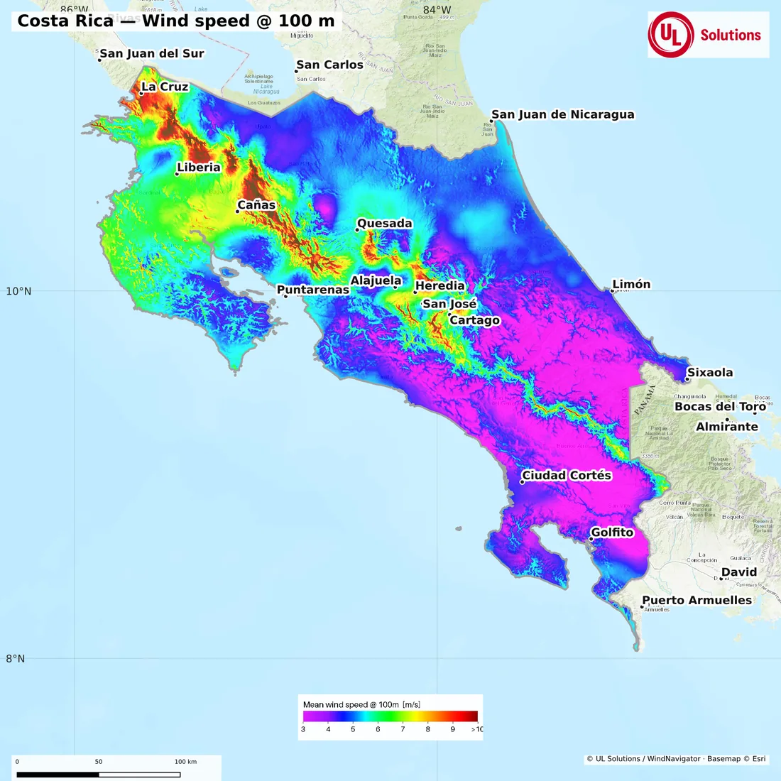 Wind speed map of Costa Rica at 100m hub height