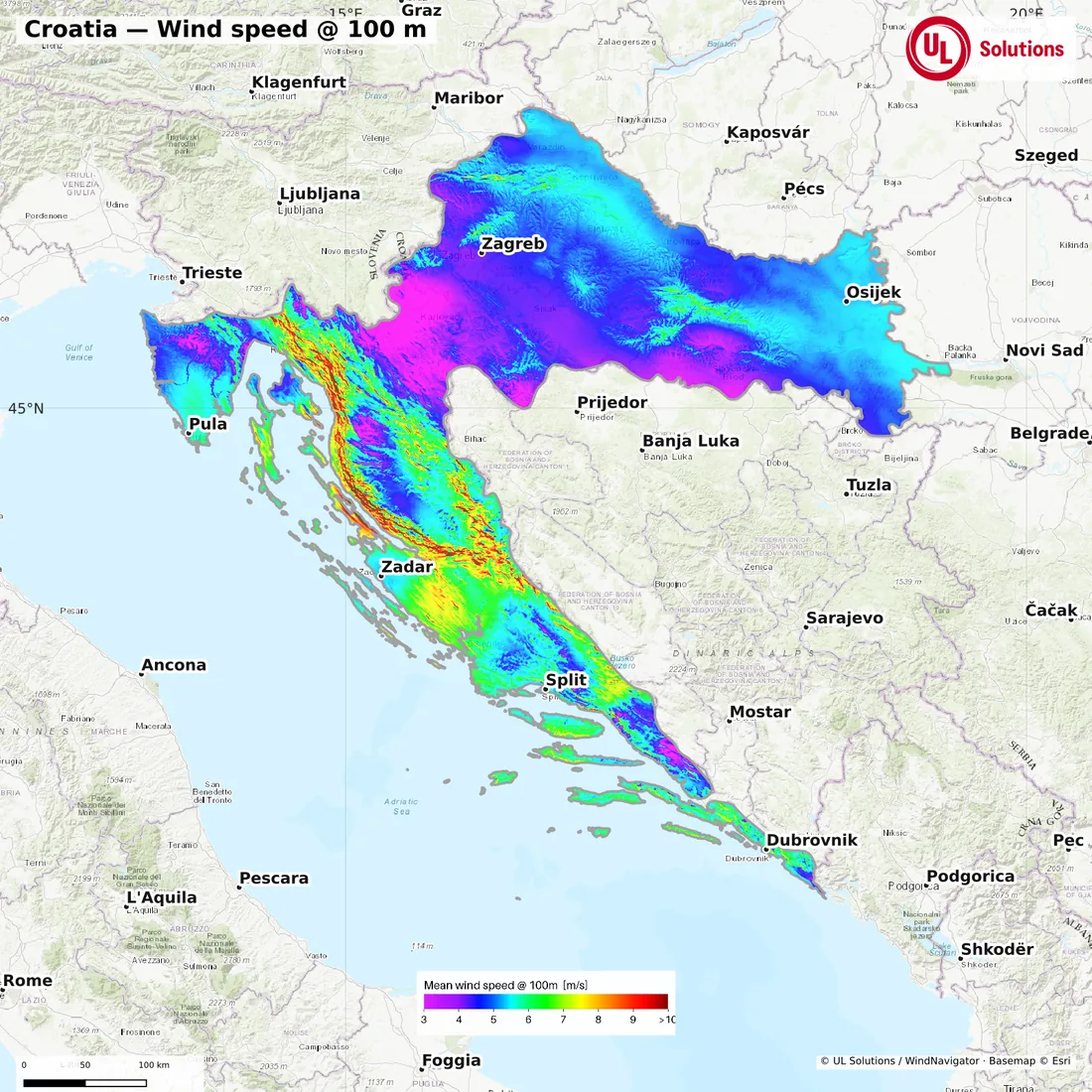 Wind speed map of Croatia at 100m hub height