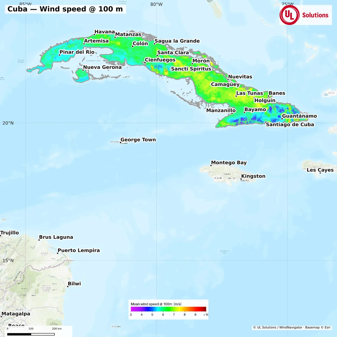 Wind speed map of Cuba at 100m hub height