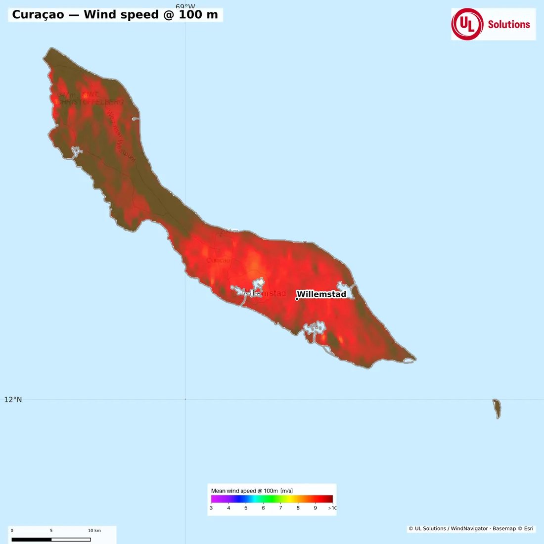 Wind speed map of Curaçao at 100m hub height