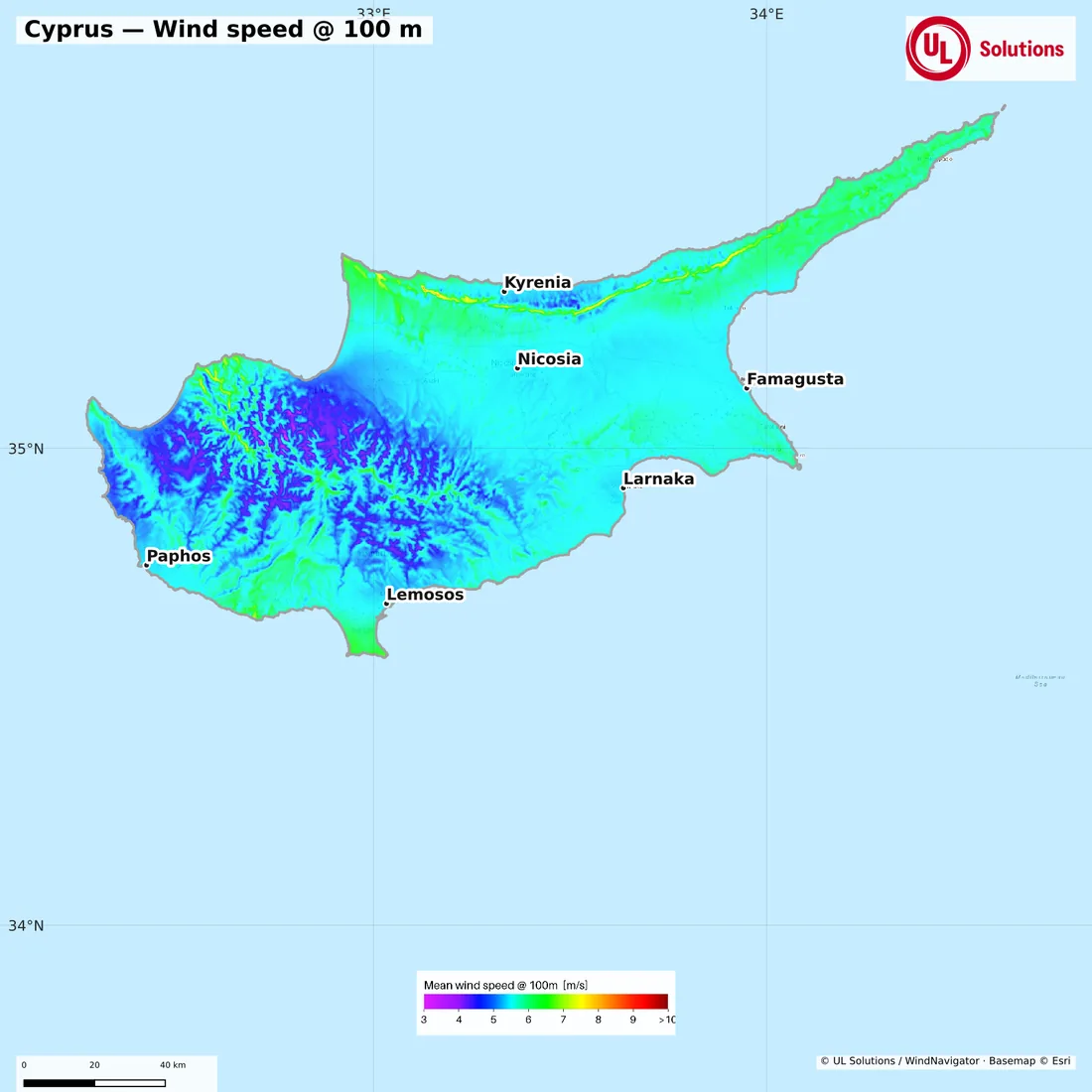 Wind speed map of Cyprus at 100m hub height