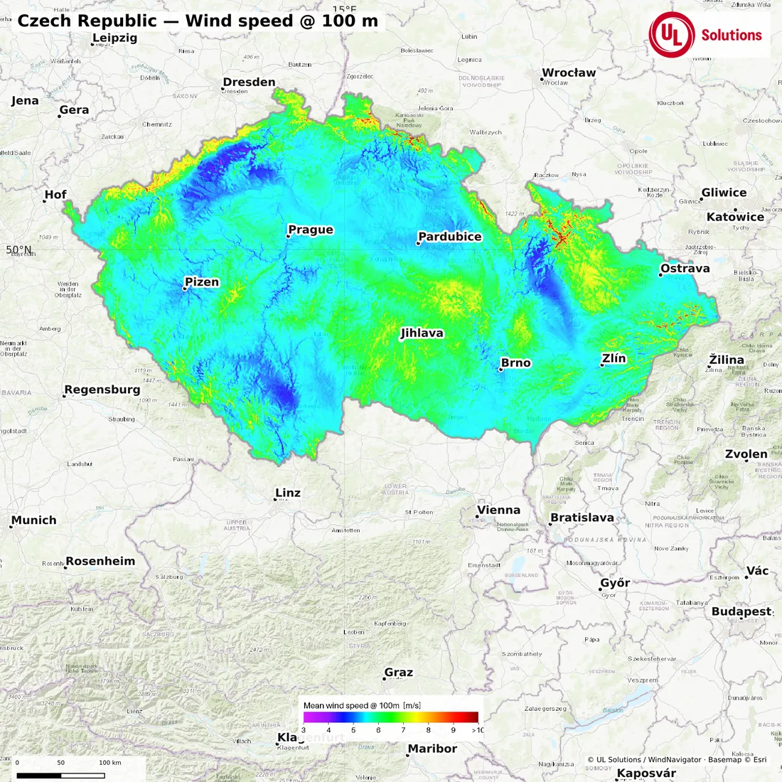Wind speed map of Czech Republic at 100m hub height