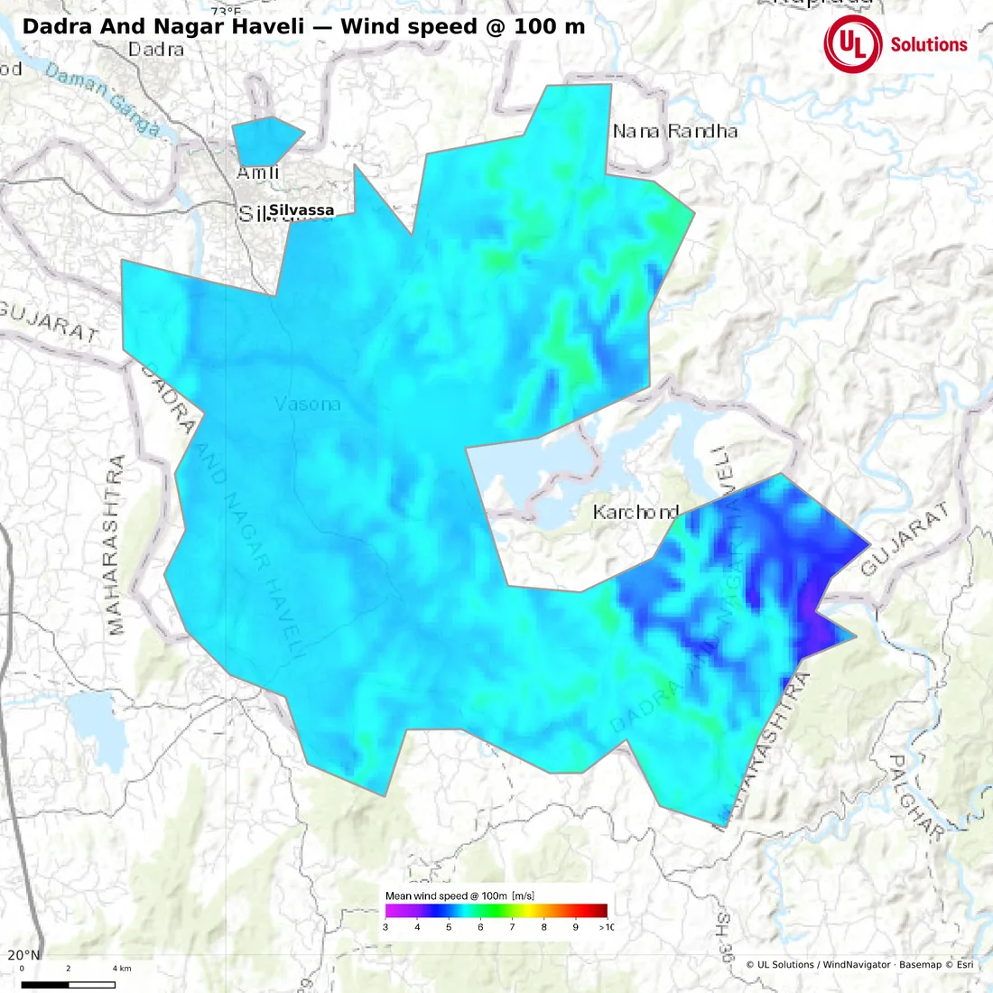 Wind speed map of Dadra And Nagar Haveli at 100m hub height
