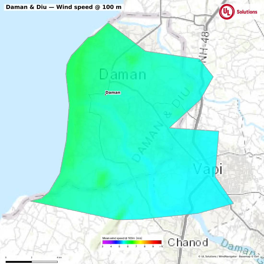 Wind speed map of Daman & Diu at 100m hub height