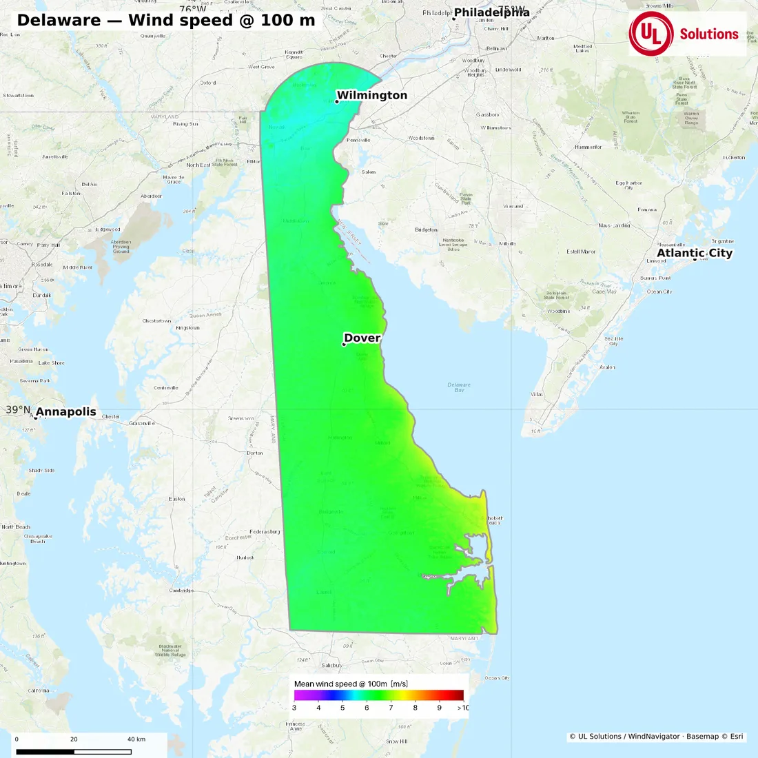 Wind speed map of Delaware at 100m hub height