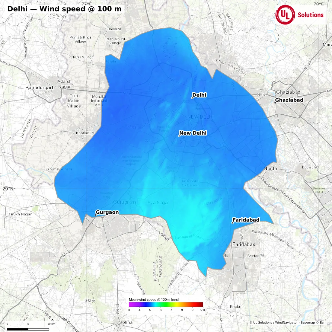 Wind speed map of Delhi at 100m hub height