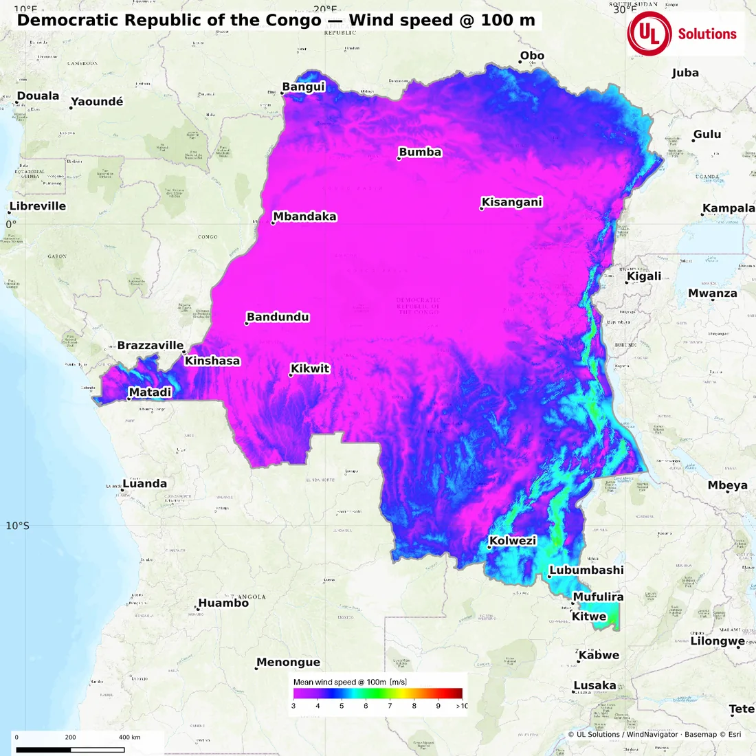 Wind speed map of Democratic Republic of the Congo at 100m hub height
