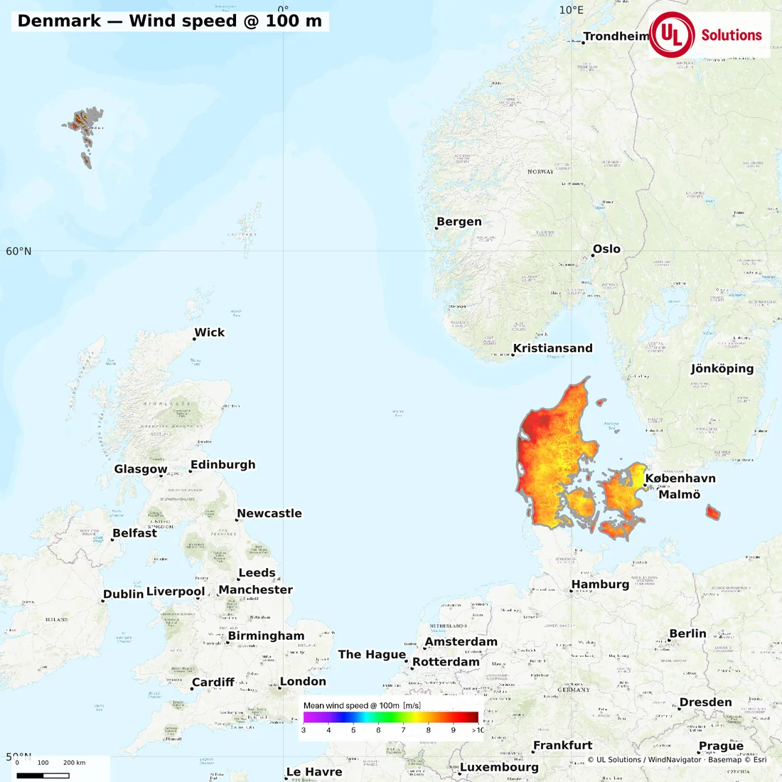 Wind speed map of Denmark at 100m hub height