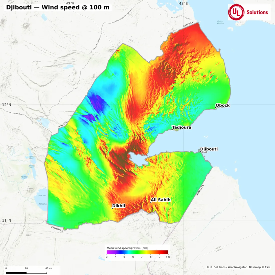Wind speed map of Djibouti at 100m hub height