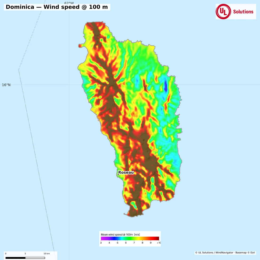 Wind speed map of Dominica at 100m hub height