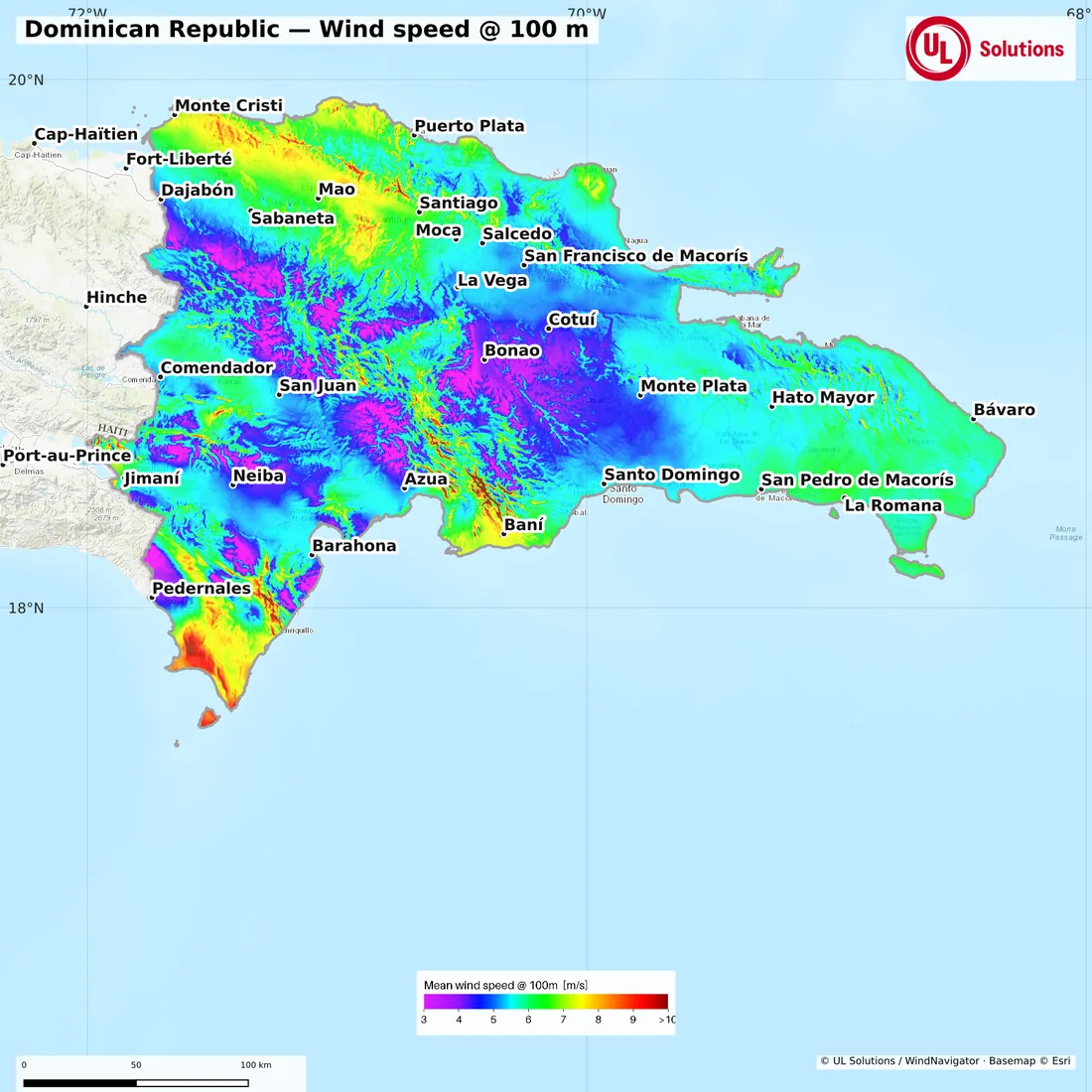 Wind speed map of Dominican Republic at 100m hub height