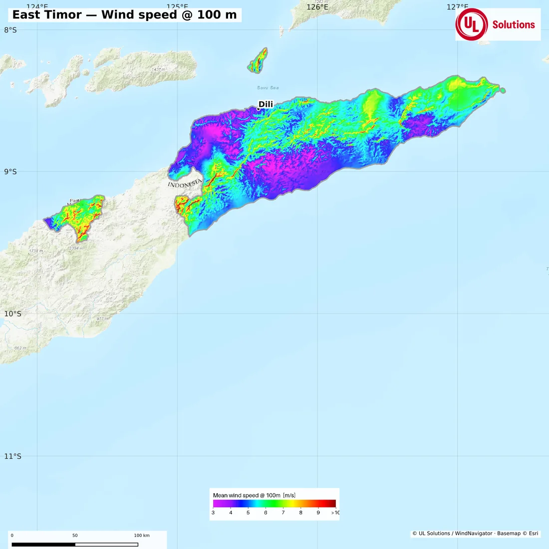 Wind speed map of East Timor at 100m hub height
