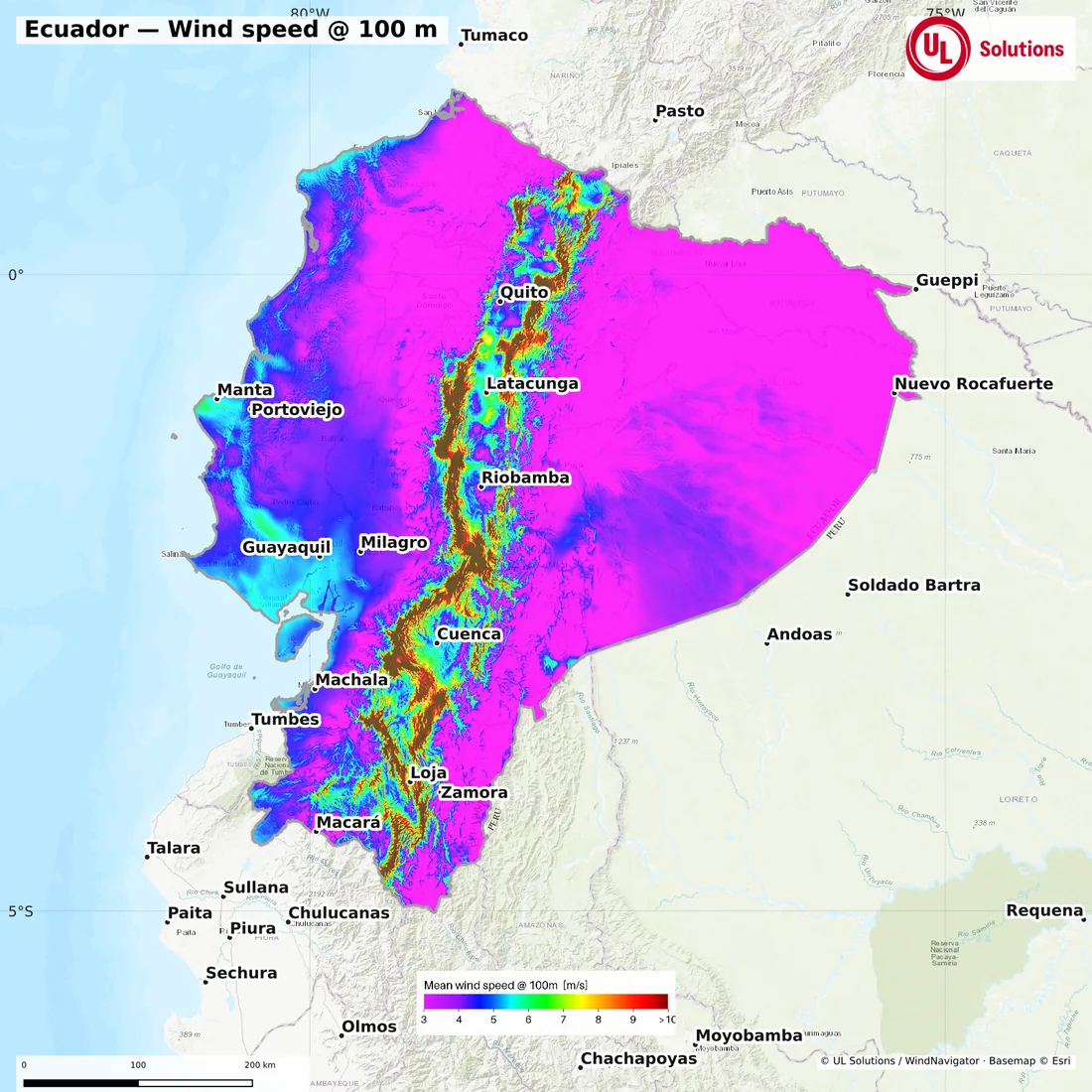 Wind speed map of Ecuador at 100m hub height