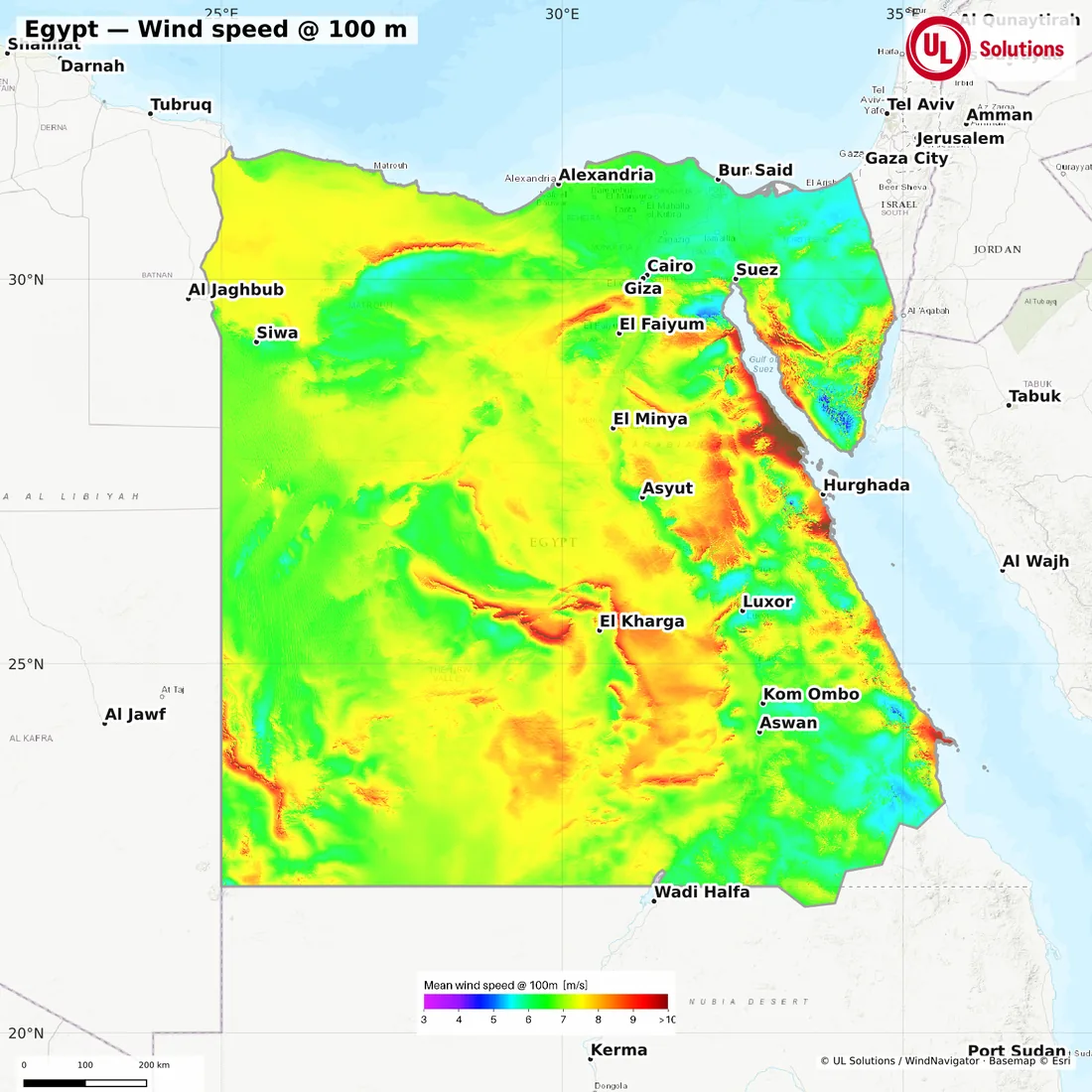 Wind speed map of Egypt at 100m hub height
