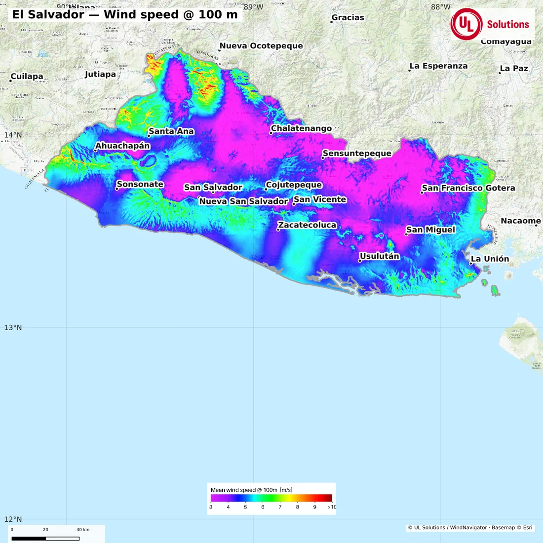 Wind speed map of El Salvador at 100m hub height