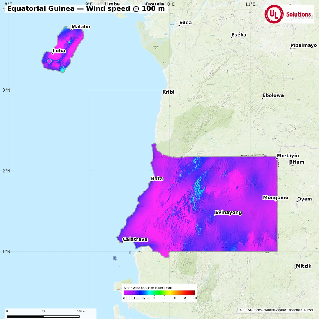 Wind speed map of Equatorial Guinea at 100m hub height