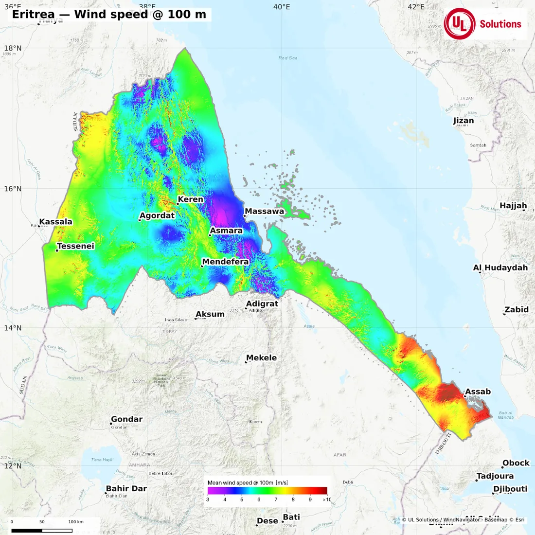 Wind speed map of Eritrea at 100m hub height