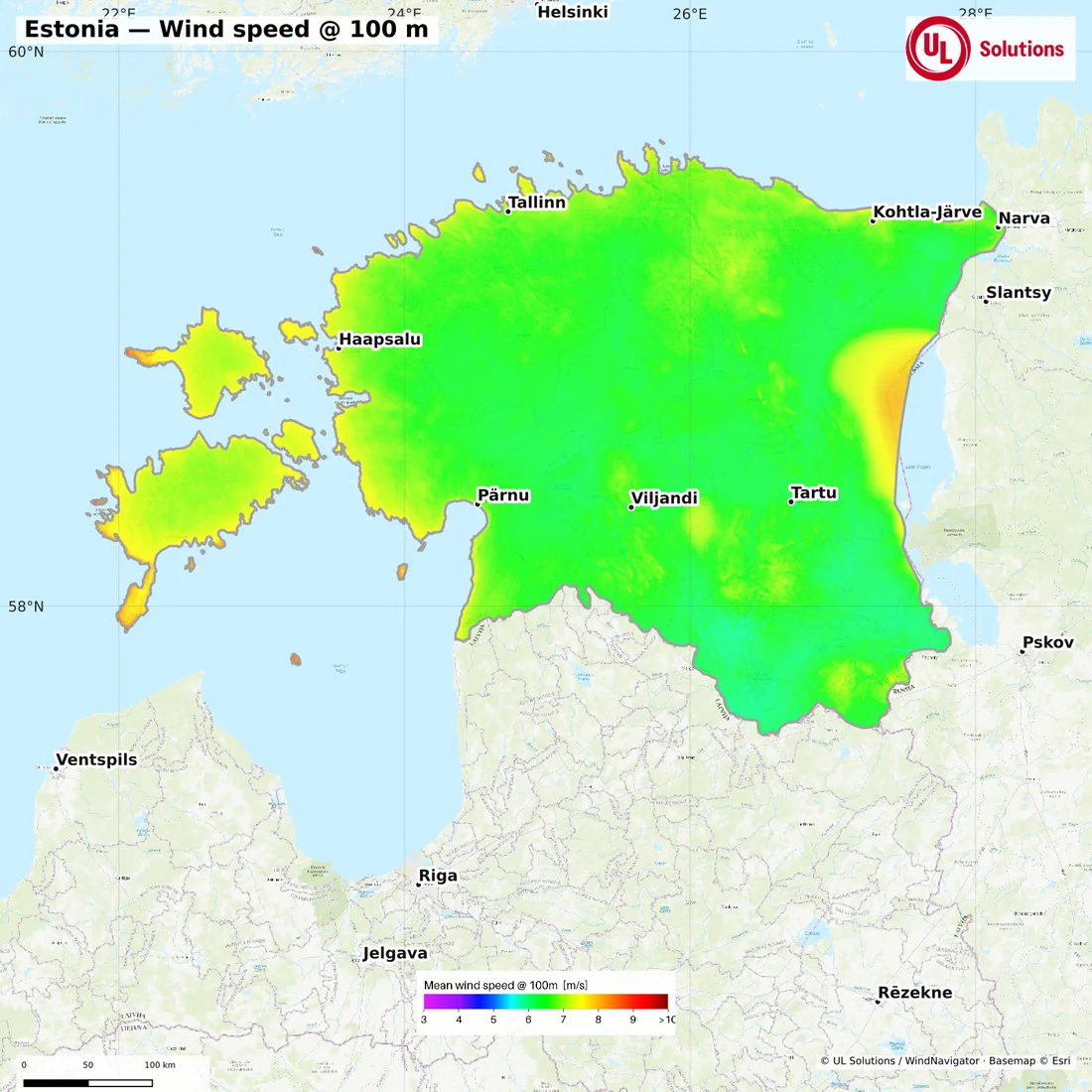 Wind speed map of Estonia at 100m hub height