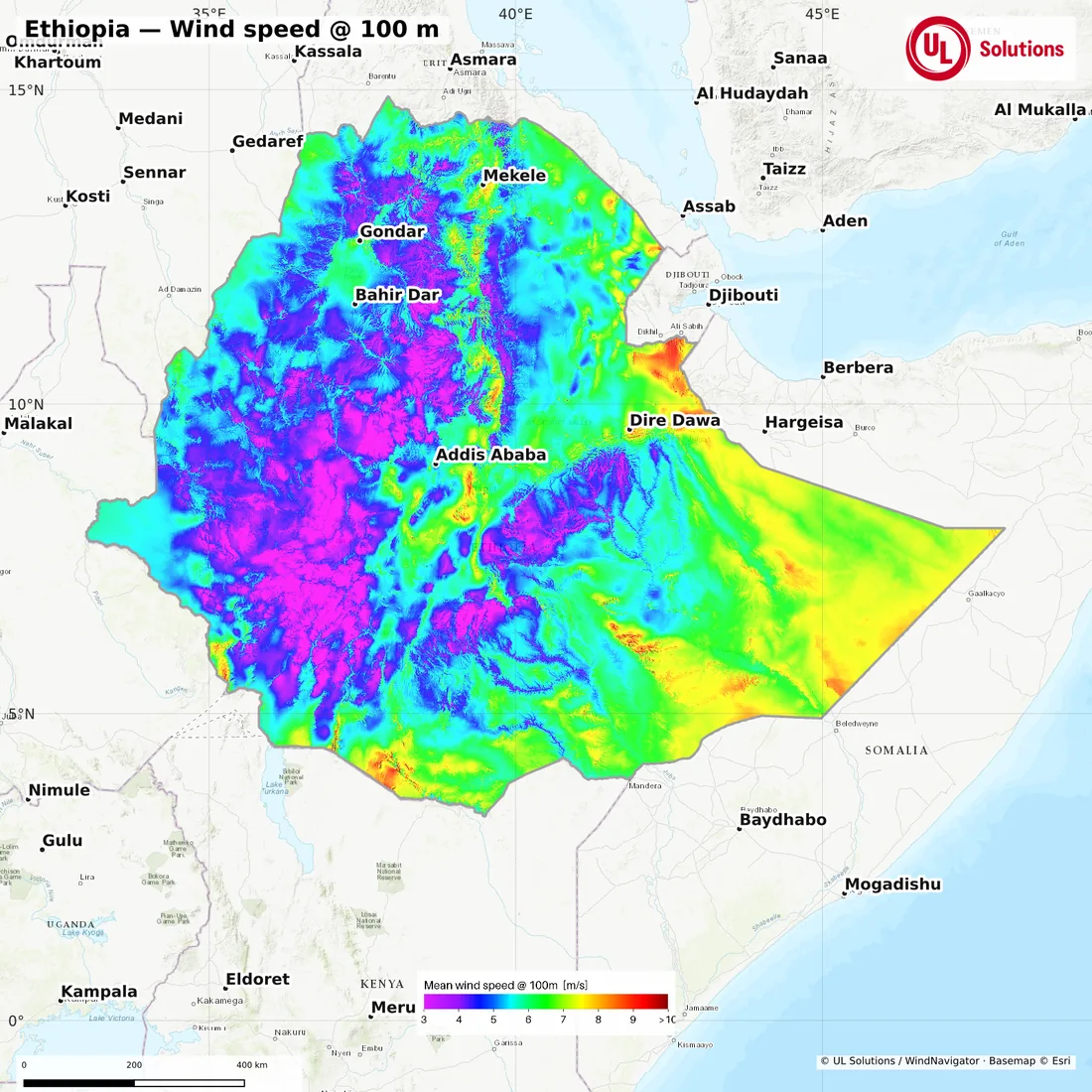 Wind speed map of Ethiopia at 100m hub height