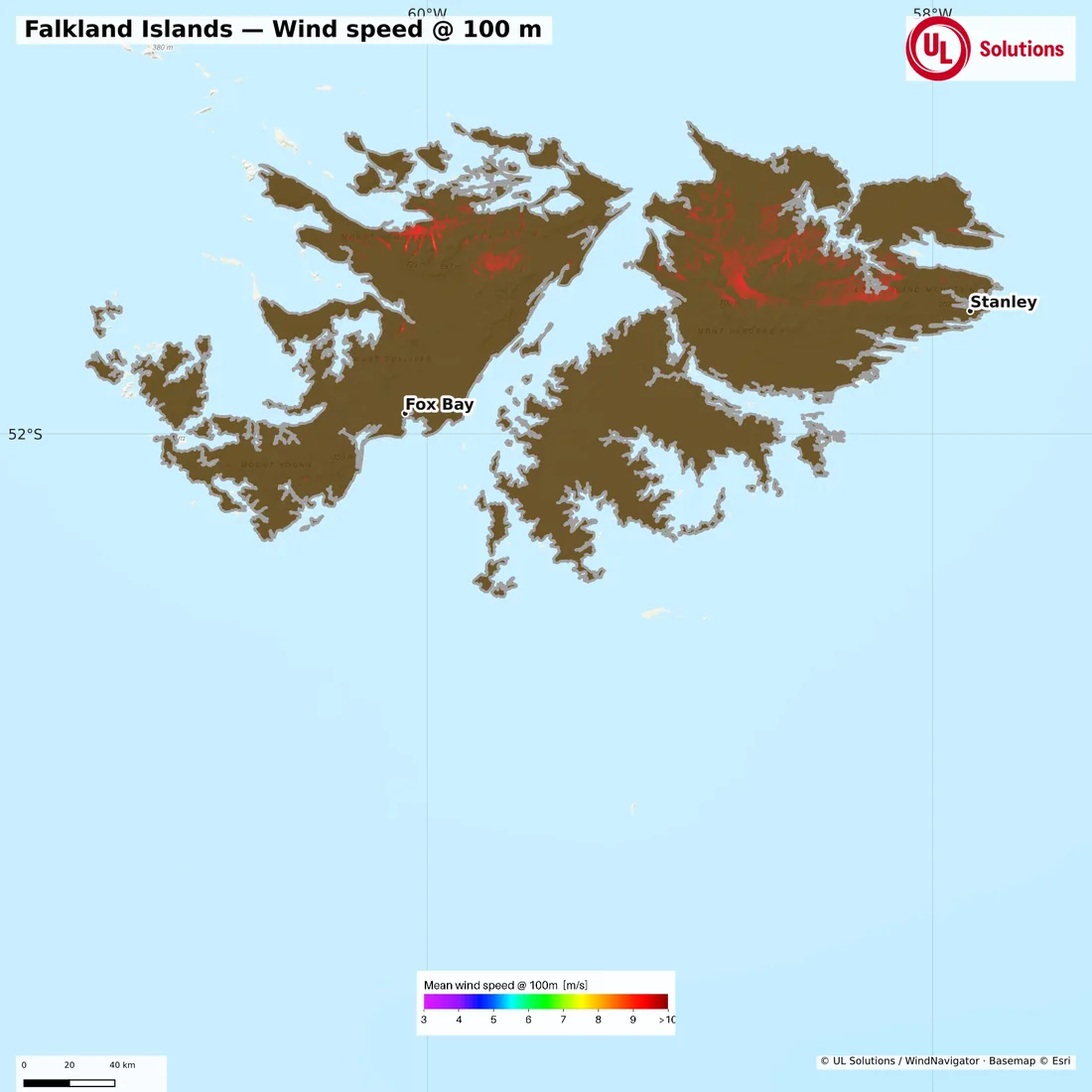Wind speed map of Falkland Islands at 100m hub height
