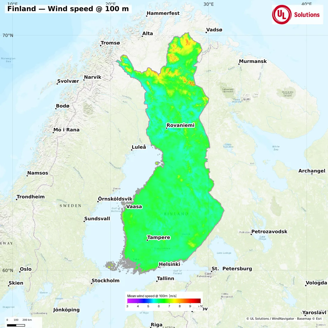 Wind speed map of Finland at 100m hub height
