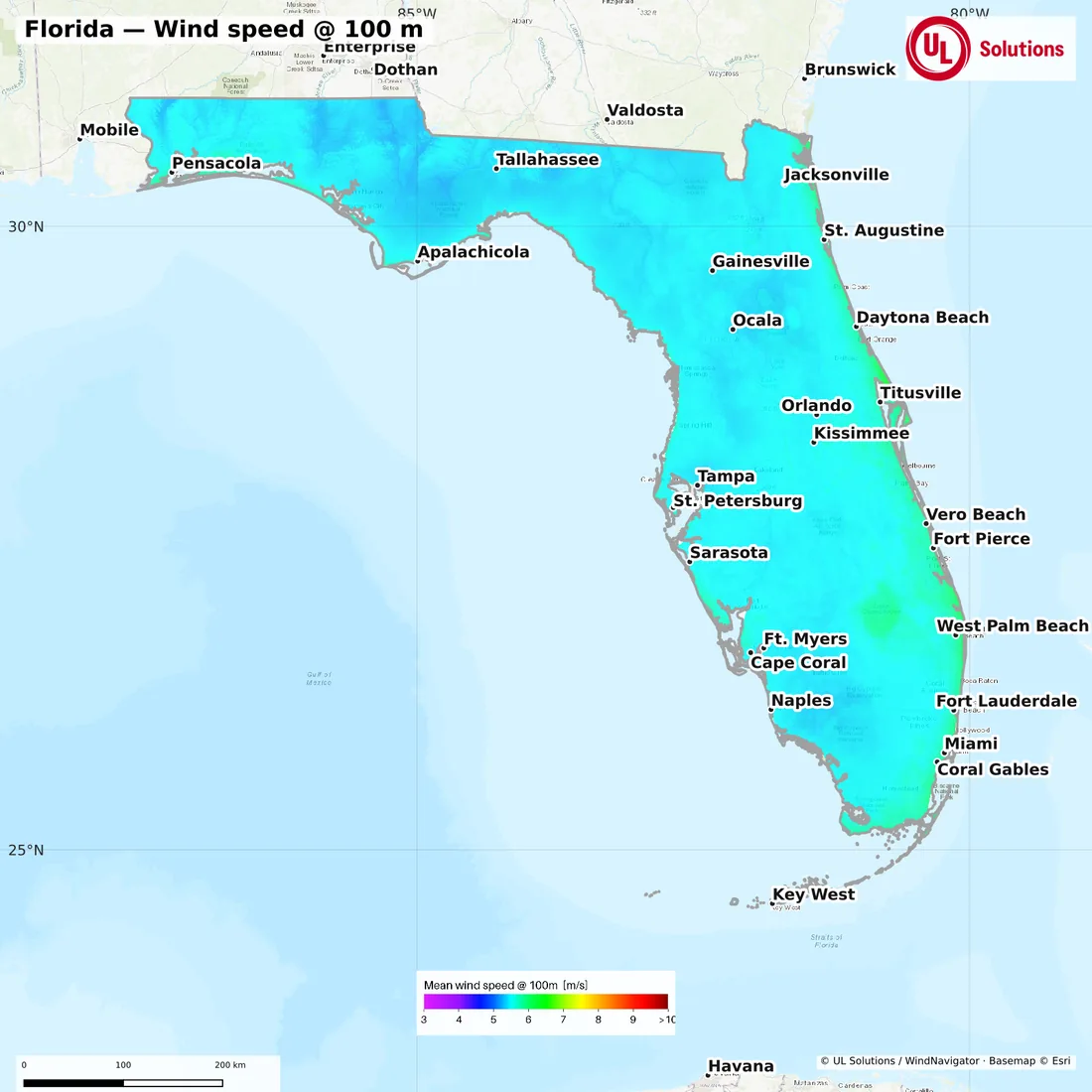 Wind speed map of Florida at 100m hub height