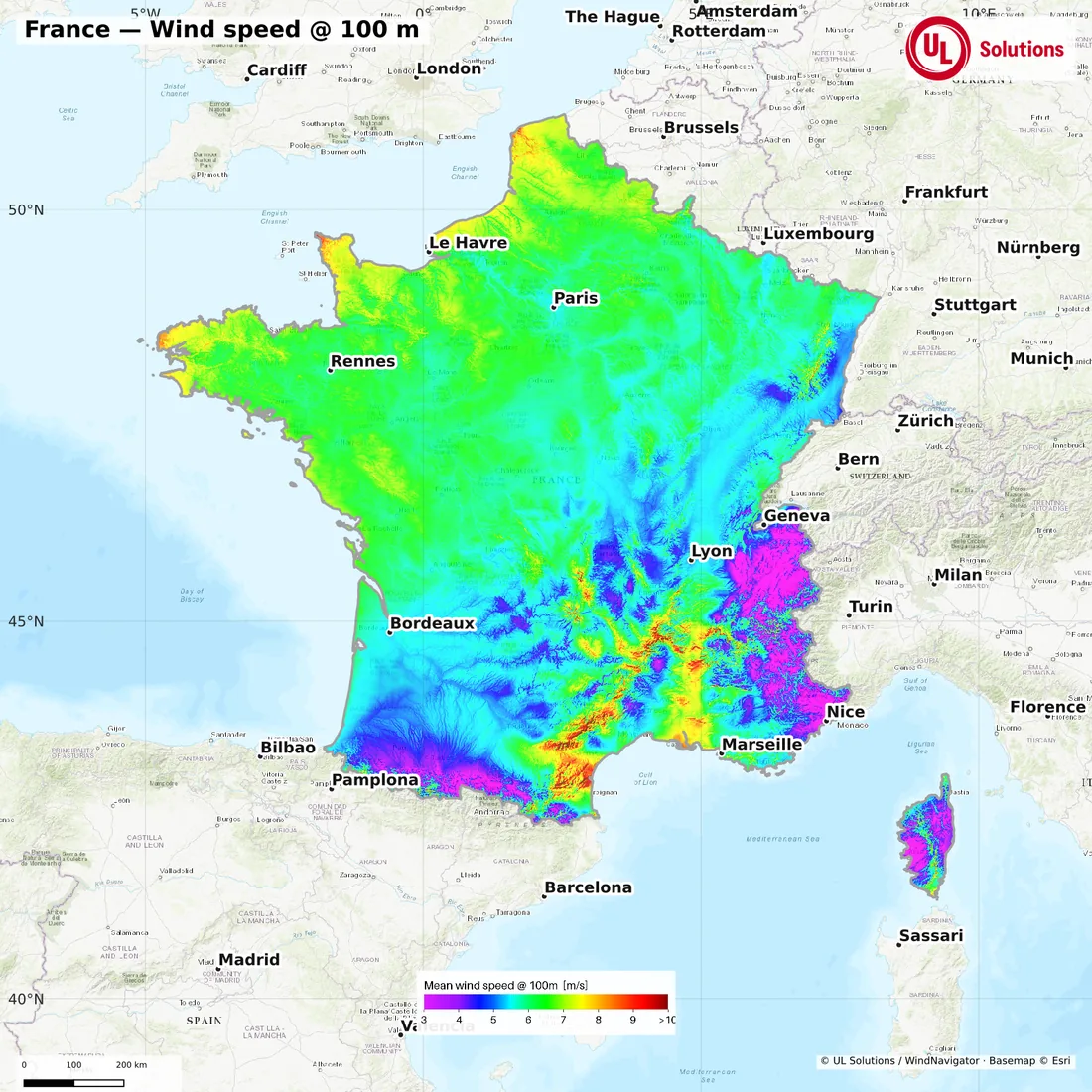 Wind speed map of France at 100m hub height