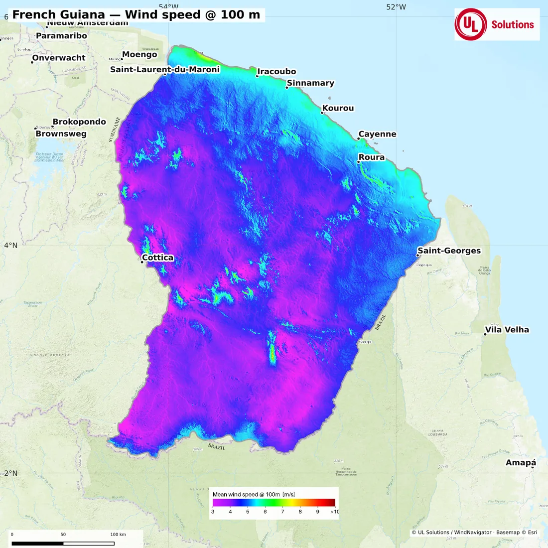 Wind speed map of French Guiana at 100m hub height