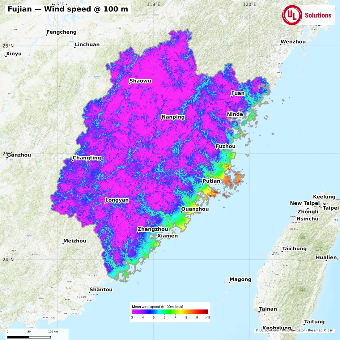 Wind speed map of Fujian at 100m hub height