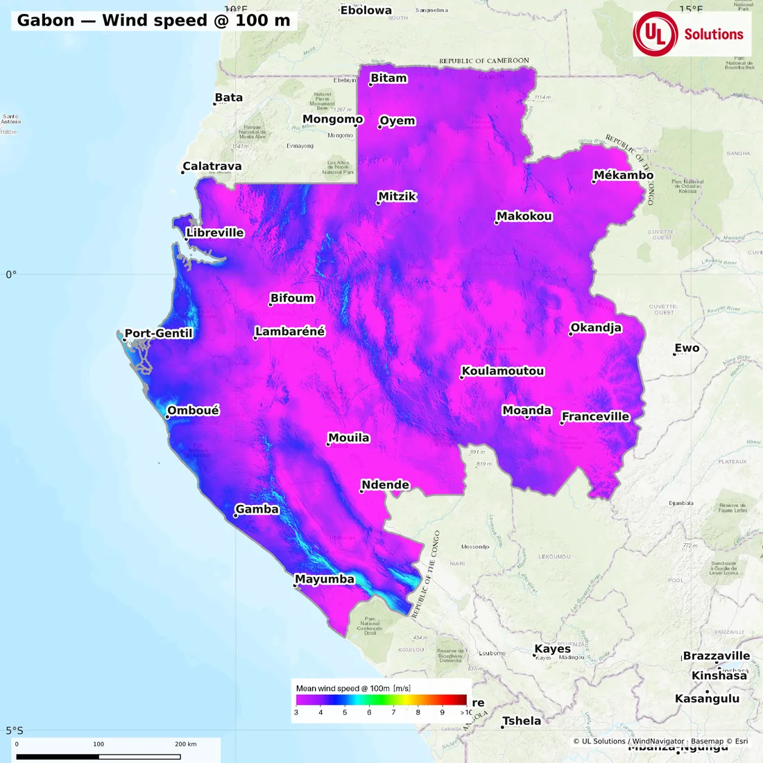 Wind speed map of Gabon at 100m hub height