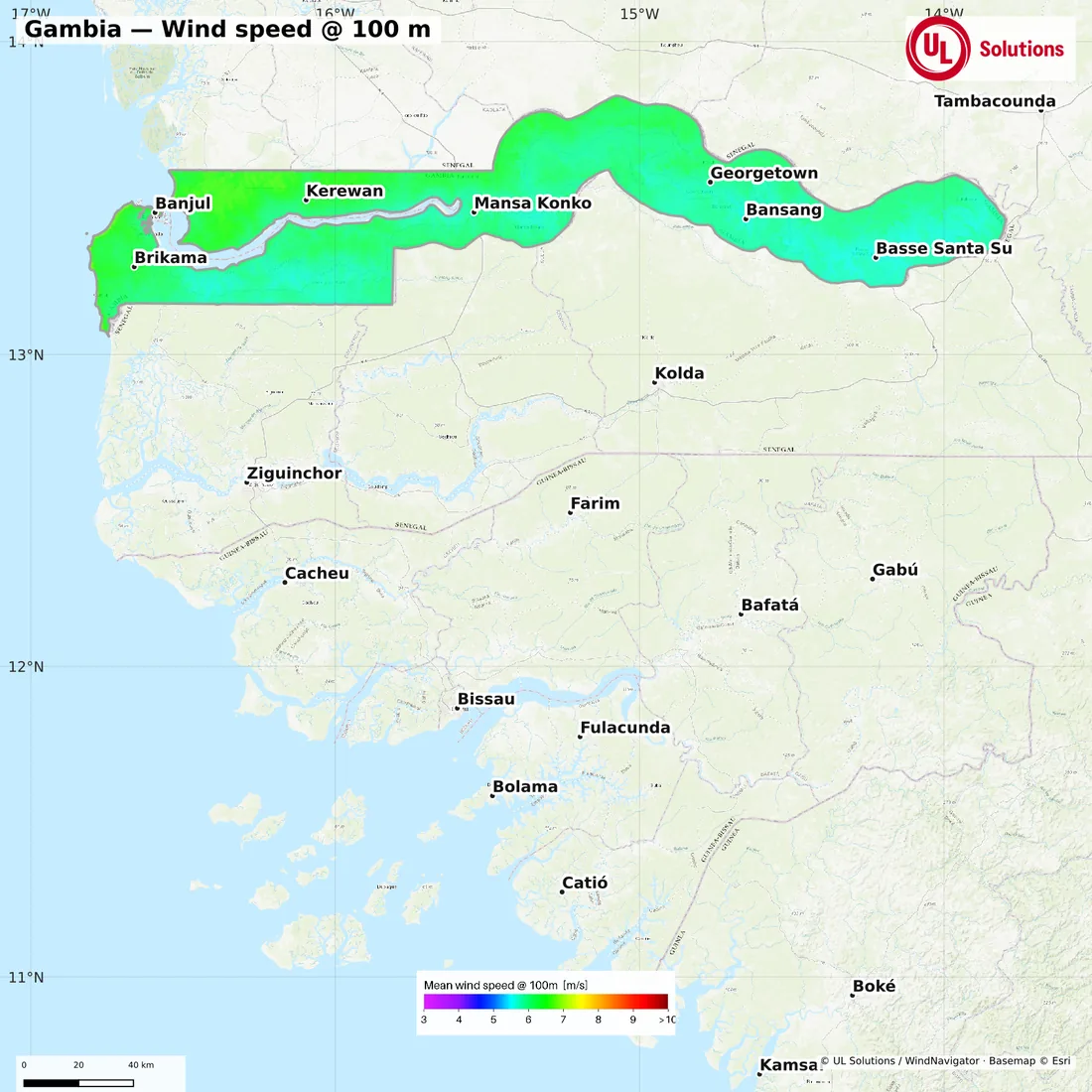Wind speed map of Gambia at 100m hub height