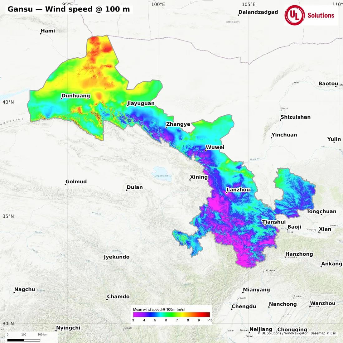 Wind speed map of Gansu at 100m hub height