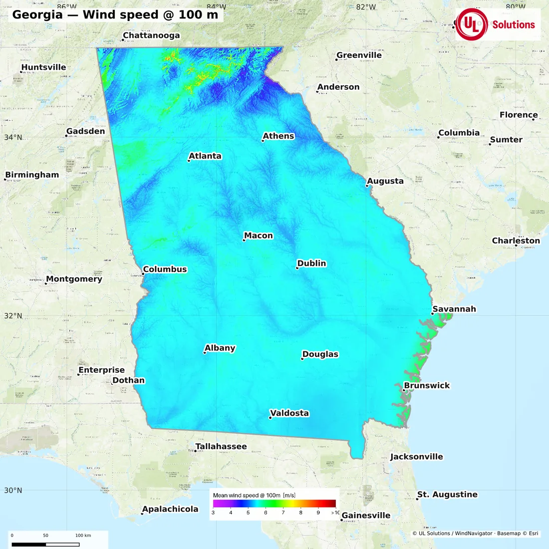 Wind speed map of Georgia at 100m hub height