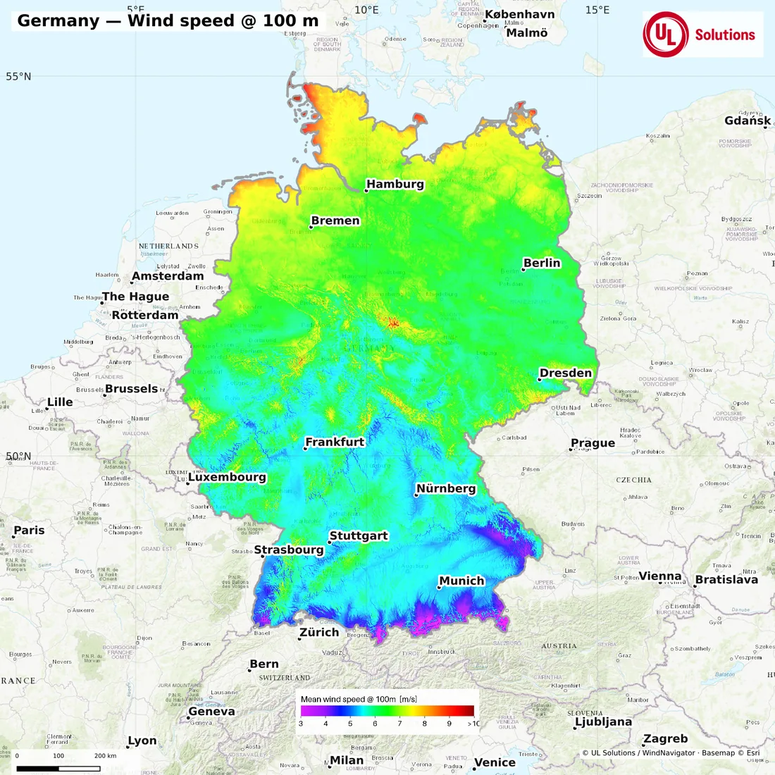 Wind speed map of Germany at 100m hub height