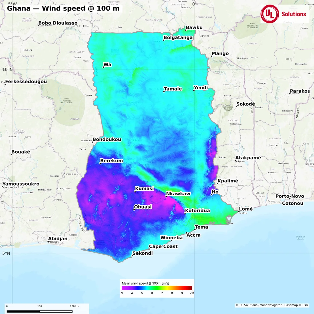 Wind speed map of Ghana at 100m hub height